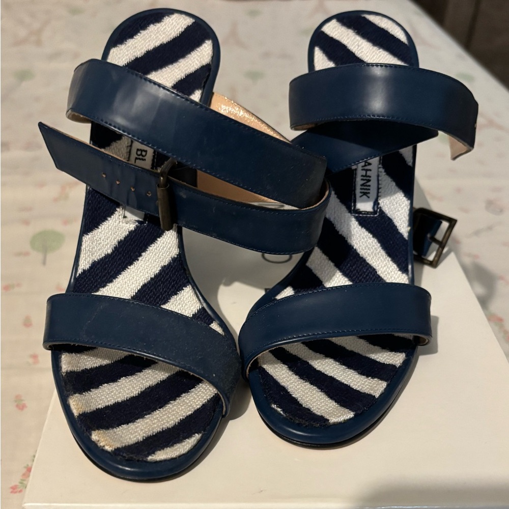 Manolo Blahnik - Navy Strappy Wedge Sandals with Zebra Insole - Picture 2 of 4